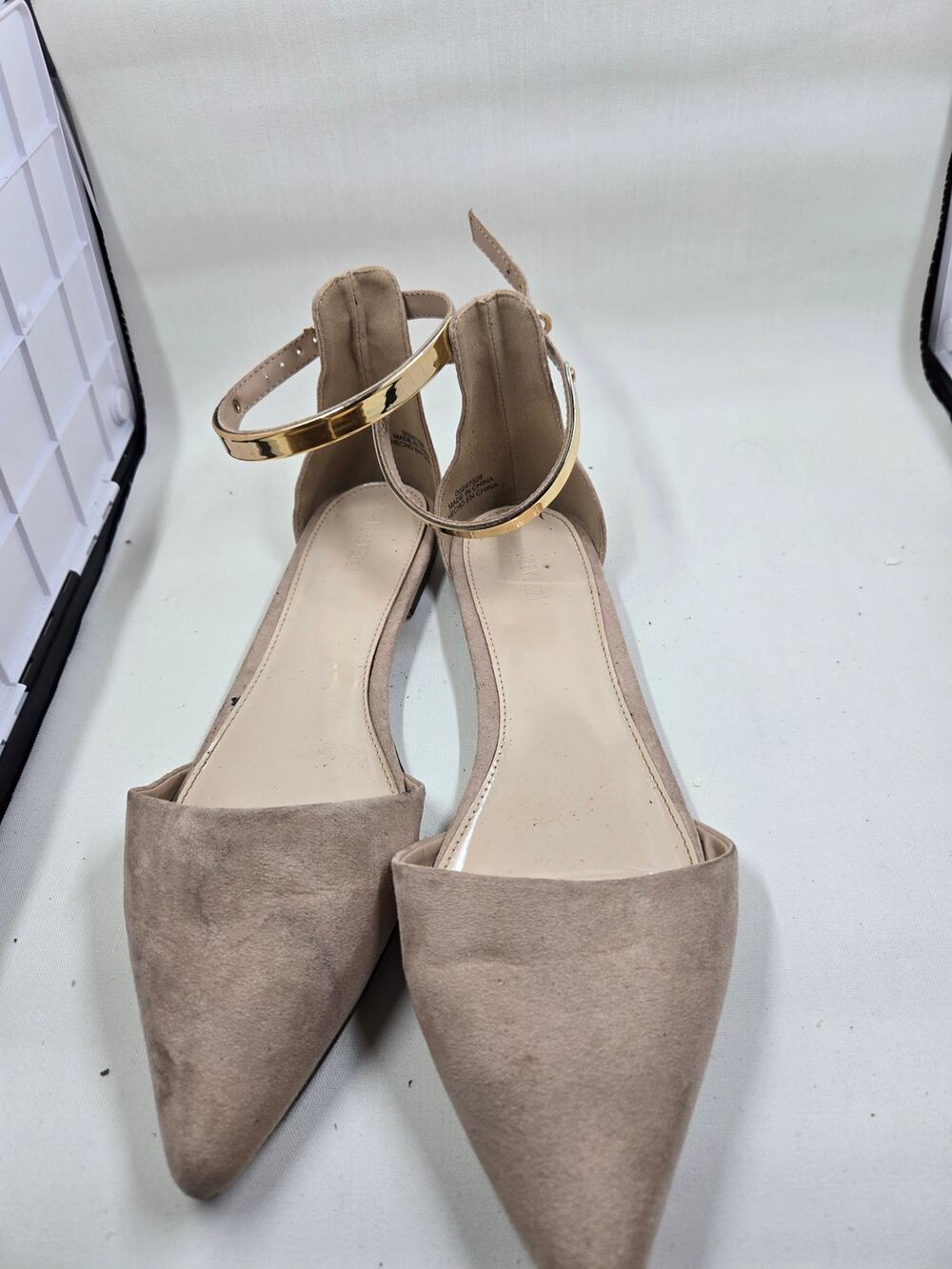 Forever 21 Faux Suede Pointed Toe D'Orsay Flats Beige Nude Gold Ankle Shoes 7.5